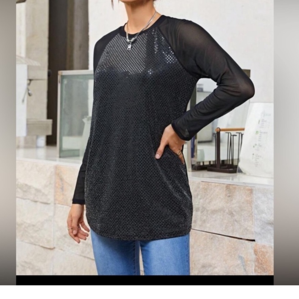 SHEINNeu Contrast Mesh Raglan Sleeve Sequin Top size XS new - Picture 6 of 12